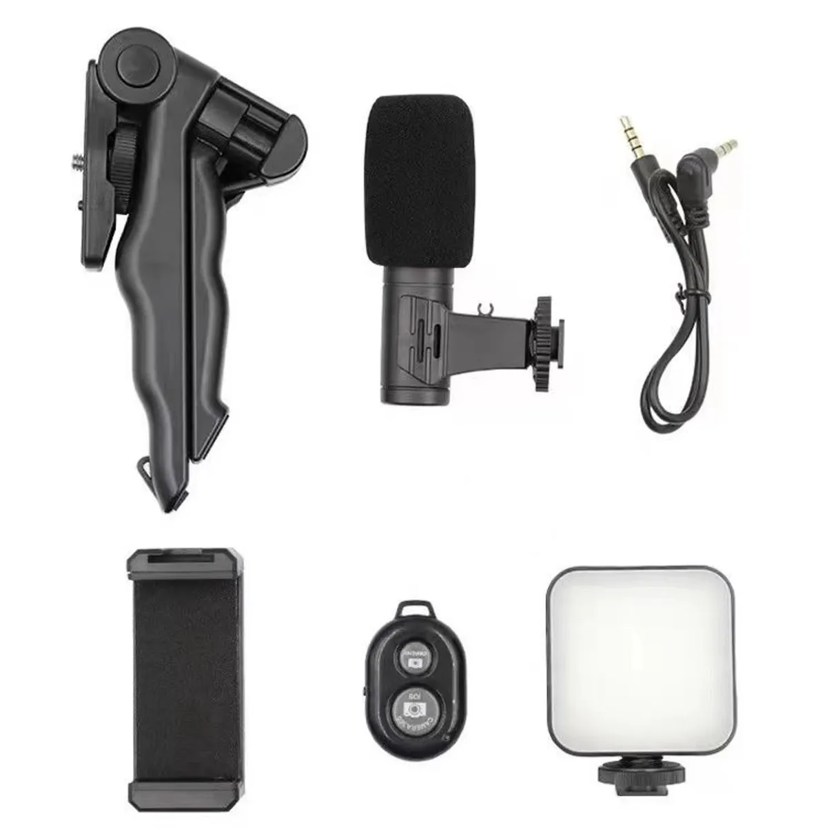 Todos los componentes del kit AY-49: trípode, micrófono, cable, soporte, control remoto y luz LED